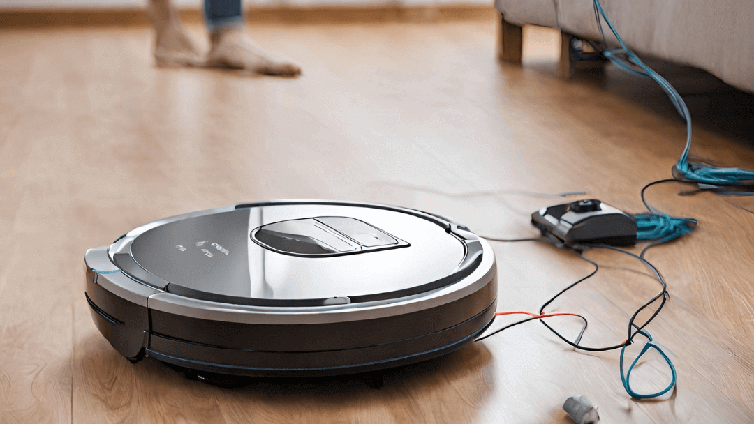 Robot aspirador con cables estorbandolo.