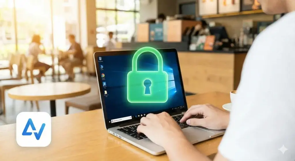 Persona utilizando AnyViewer gratis para escritorio remoto seguro desde una laptop.