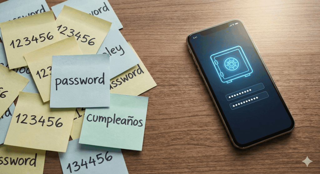 Caos de notas adhesivas con contraseñas débiles frente a un gestor de contraseñas seguro en un smartphone.