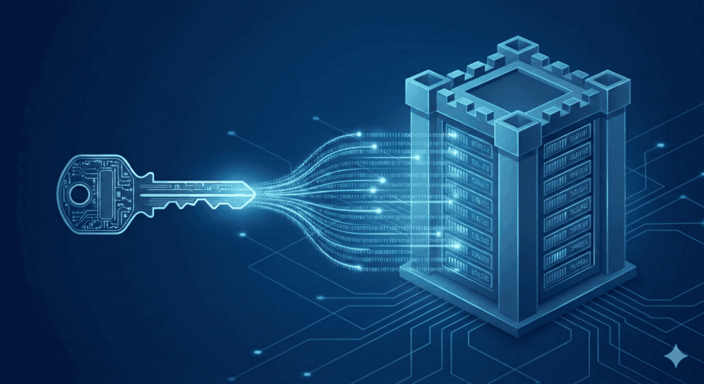 Una clave única abriendo un flujo de datos encriptados hacia una fortaleza digital.