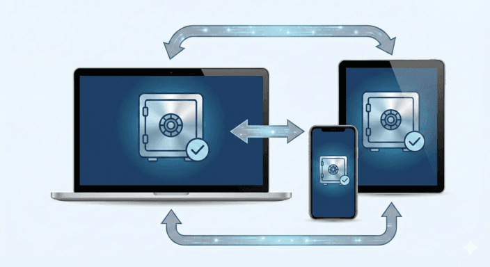 Infografía mostrando la sincronización de un gestor de contraseñas entre PC, tablet y móvil.
