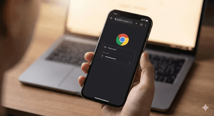Mano sosteniendo un smartphone que muestra la función de autocompletado de contraseñas de Google Chrome.