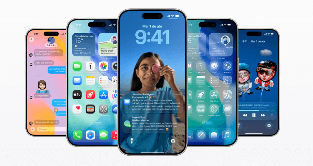 Ilustración de un iPhone con interfaz de iOS 2026 mostrando nuevas funciones